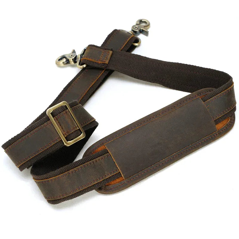 Adjustable full grain brown leather shoulder strap with customized metal hooks and comfortable sliding shoulder pad — view 2