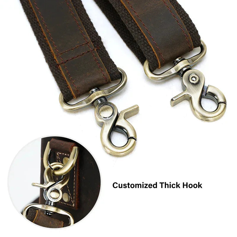Adjustable full grain brown leather shoulder strap with customized metal hooks and comfortable sliding shoulder pad — view 3