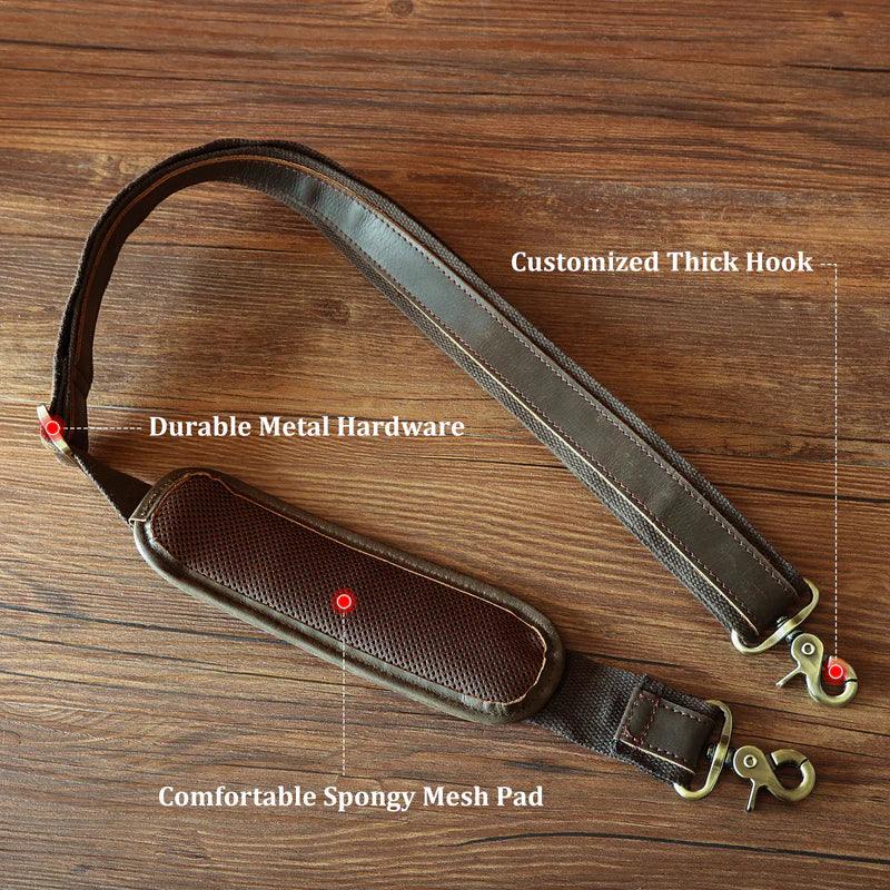 Adjustable full grain brown leather shoulder strap with customized metal hooks and comfortable sliding shoulder pad — view 4