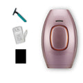 Advanced laser hair removal device in white, black, or pink, with shaver and power adapter.