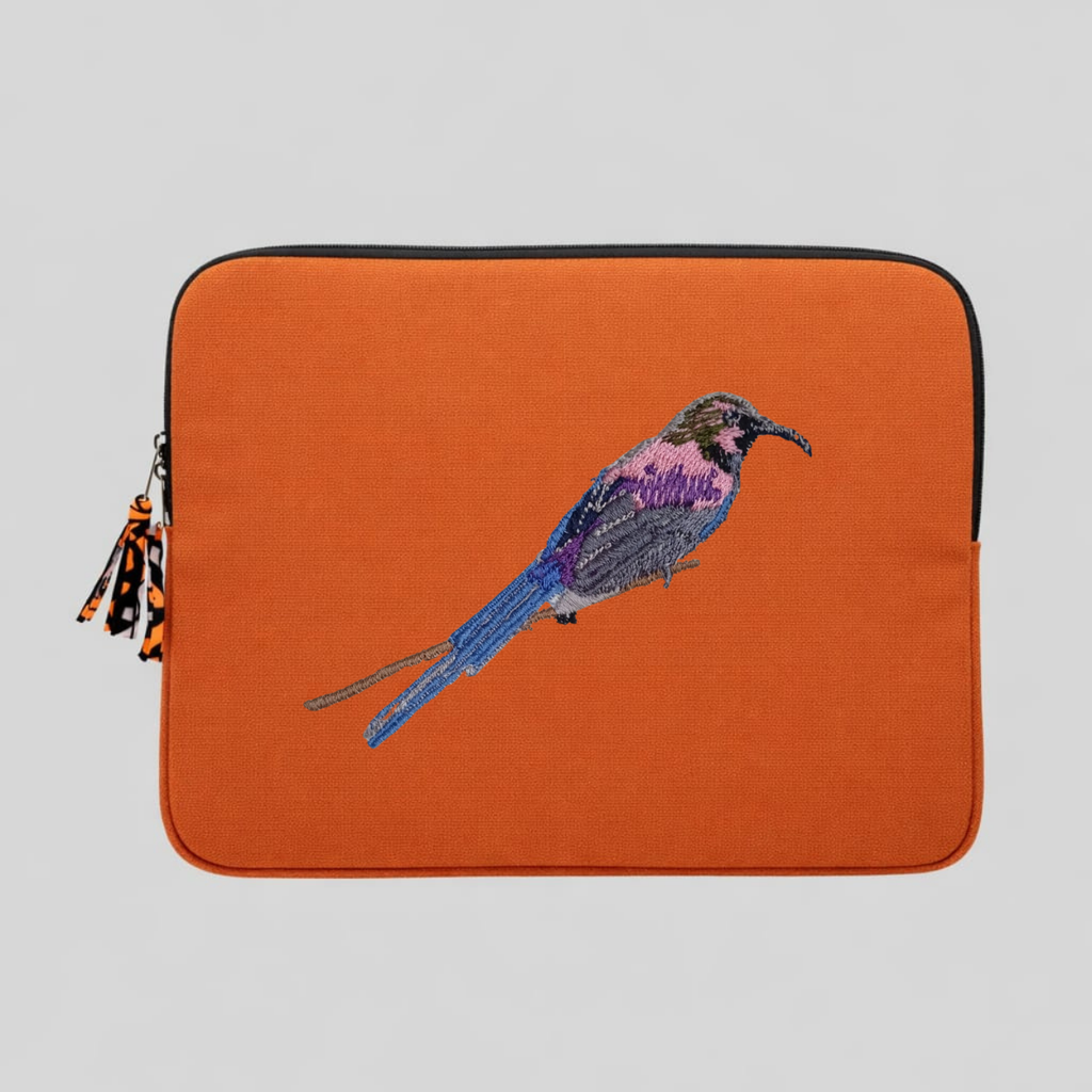 Tacazze Sunbird cotton canvas laptop sleeve featuring detailed bird embroidery in warm earthy colors — view 5