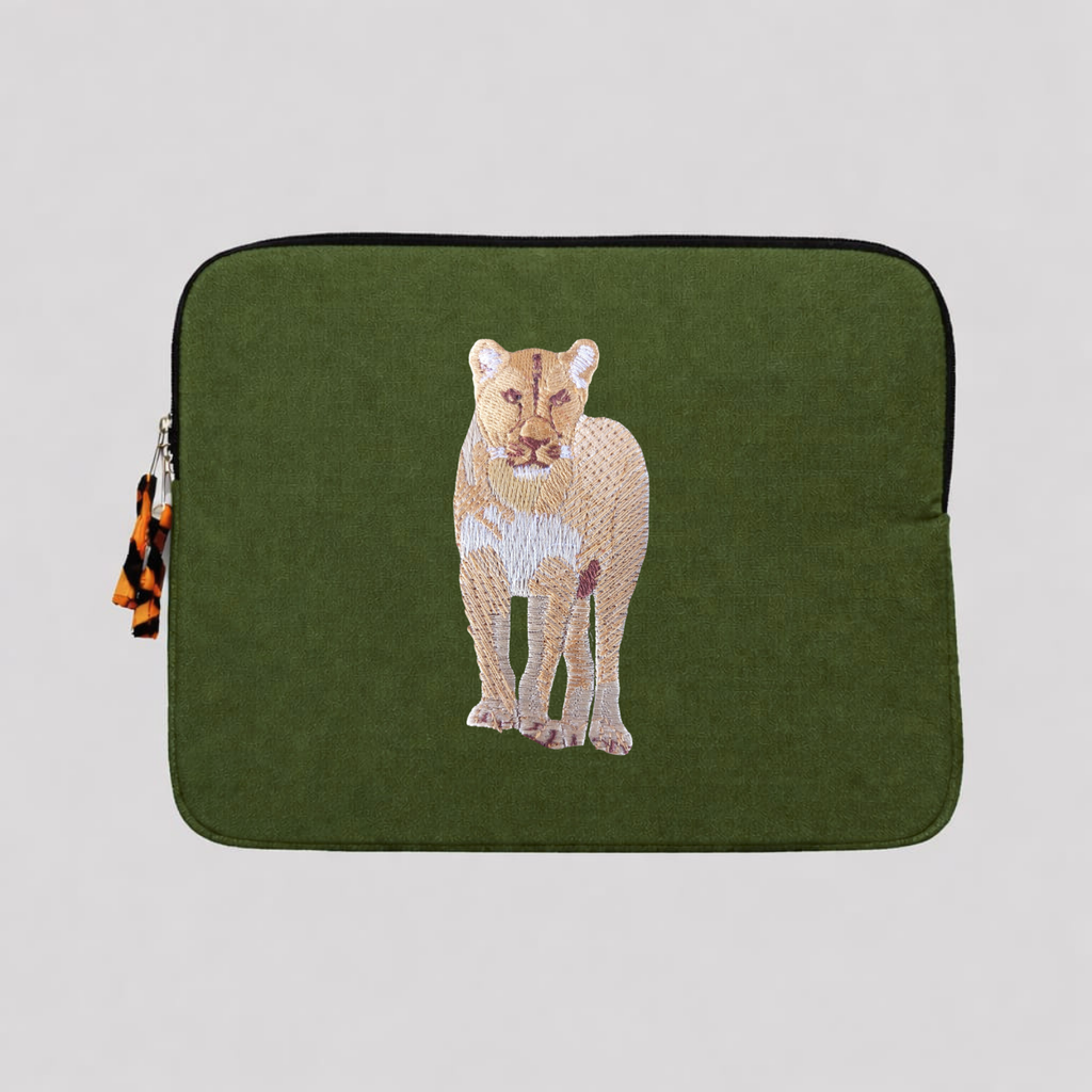 Lion laptop sleeve in handmade cotton canvas with intricate wildlife embroidery and protective padding. — view 4