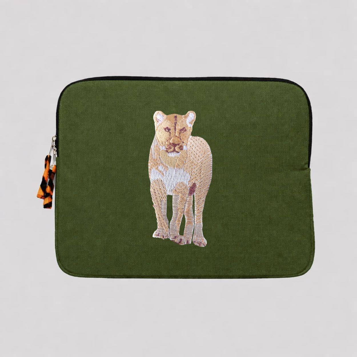 Lion laptop sleeve in handmade cotton canvas with intricate wildlife embroidery and protective padding. — view 4