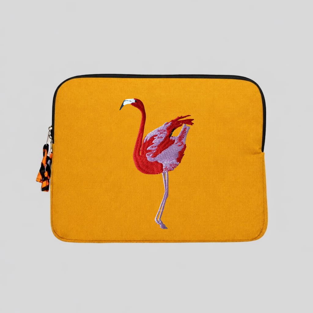 Flamingo laptop sleeve in warm earthy cotton canvas featuring detailed wildlife embroidery for 13-inch laptops — view 3