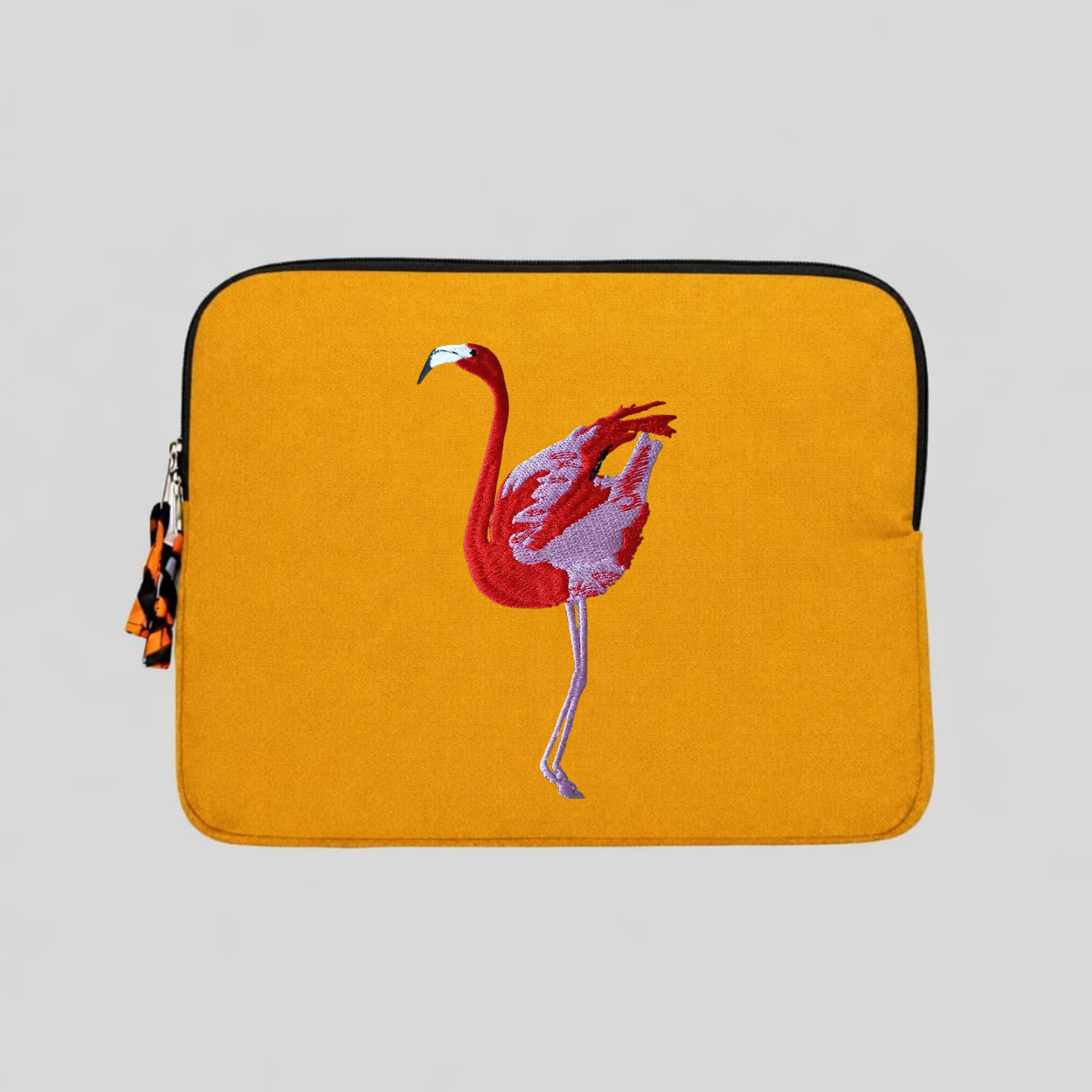 Flamingo laptop sleeve in warm earthy cotton canvas featuring detailed wildlife embroidery for 13-inch laptops — view 3
