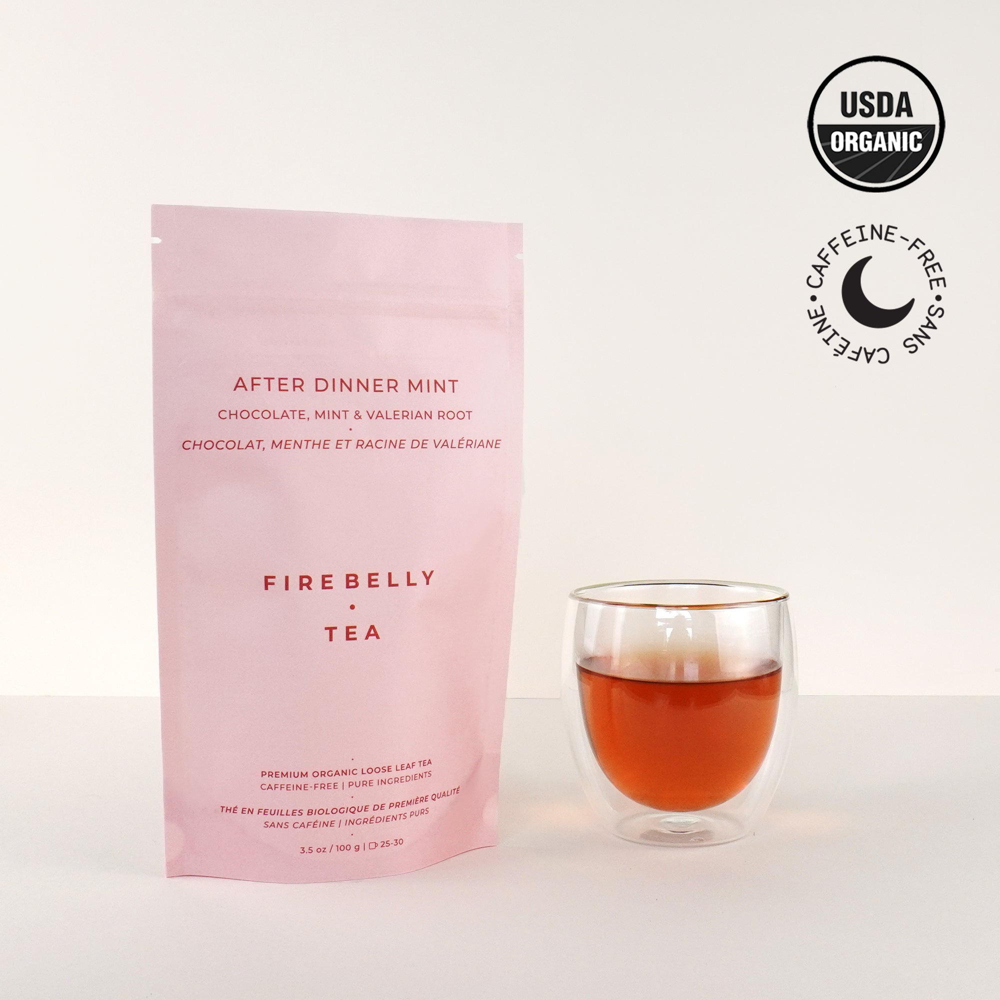 After Dinner Mint organic herbal tea blend with chocolate mint and valerian root for relaxation