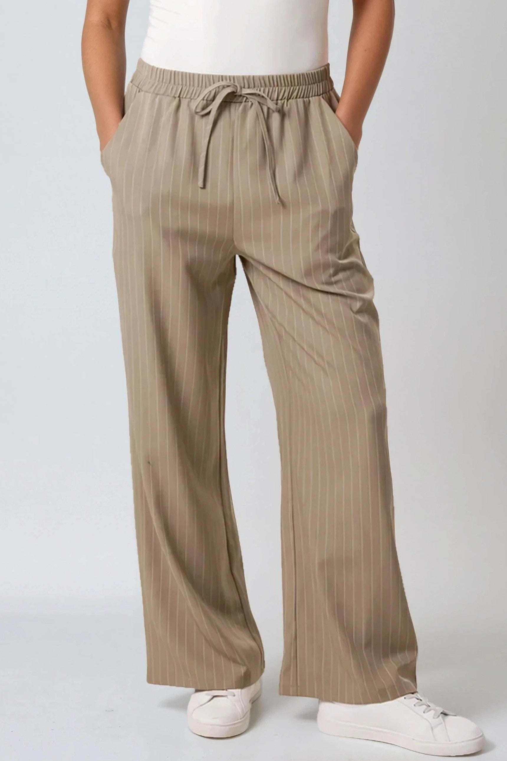 Khaki pinstripe wide leg trousers and tailored matching waistcoat set for women — view 3