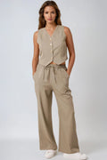 Khaki pinstripe wide leg trousers and tailored matching waistcoat set for women