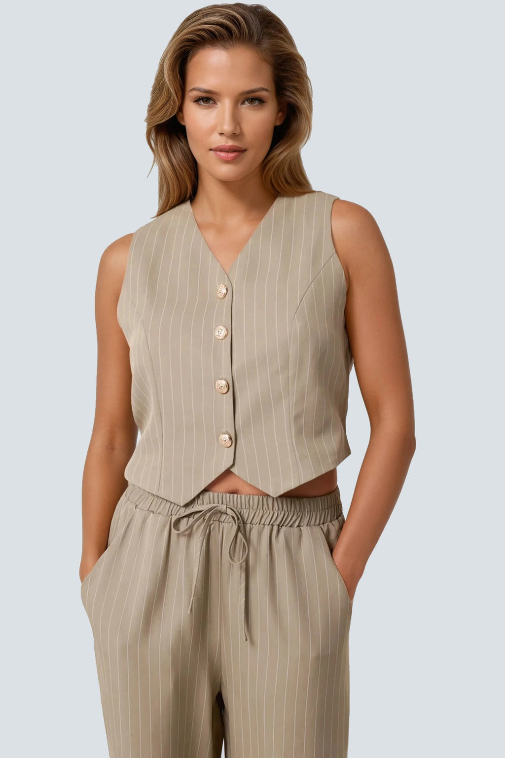 Khaki pinstripe wide leg trousers and tailored matching waistcoat set for women — view 2