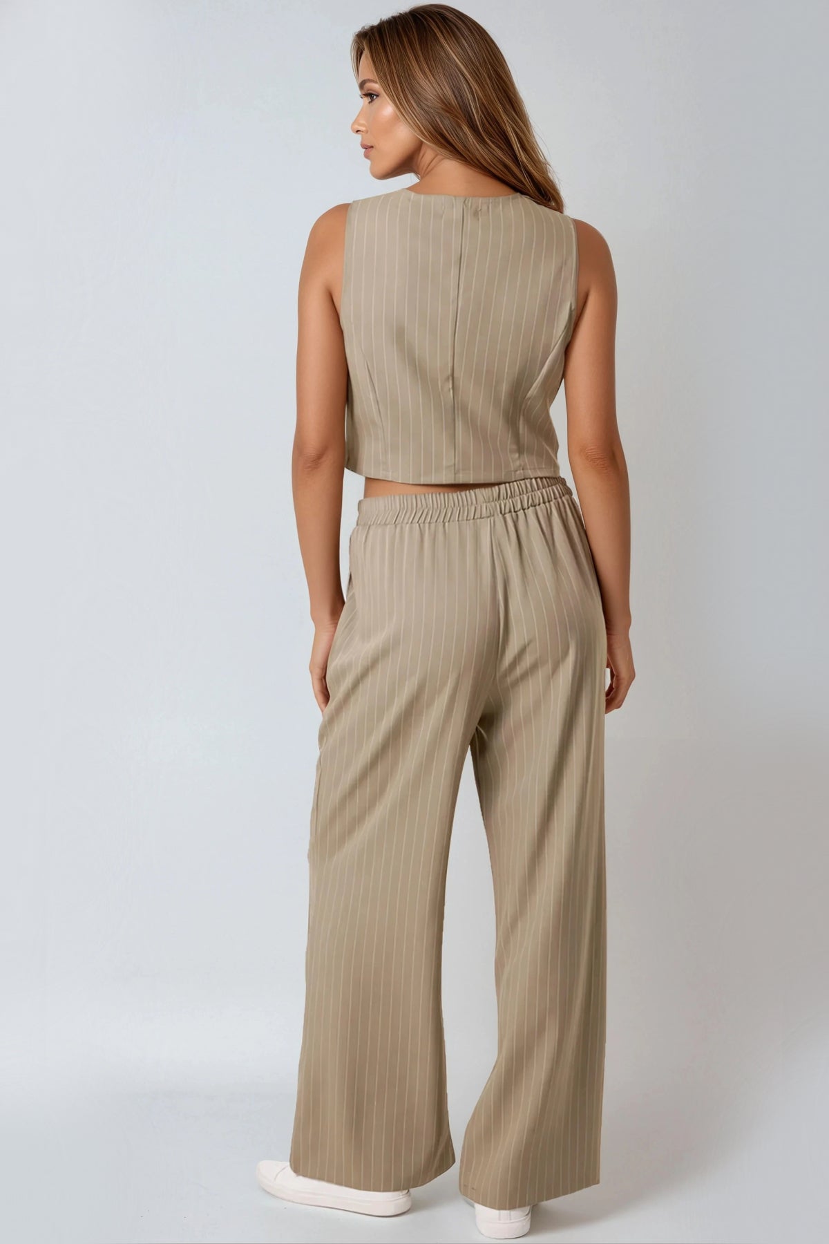 Khaki pinstripe wide leg trousers and tailored matching waistcoat set for women — view 4