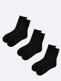 Three pairs of black premium cotton blend crew socks featuring soft cushioning and arch support.