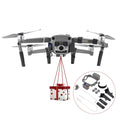 Grey ABS AirDrop thrower for DJI Mavic 2 drone showing installation accessories and mounting brackets.