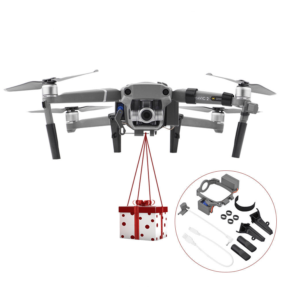 Grey ABS AirDrop thrower for DJI Mavic 2 drone showing installation accessories and mounting brackets.