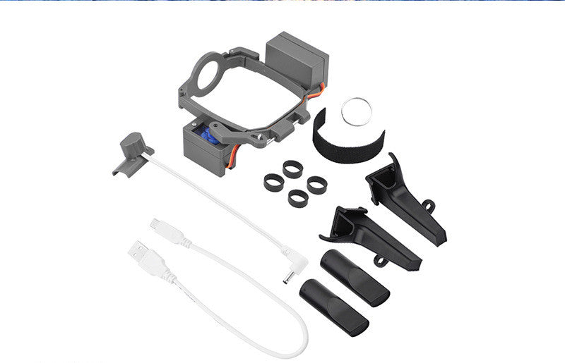 Grey ABS AirDrop thrower for DJI Mavic 2 drone showing installation accessories and mounting brackets. — view 2