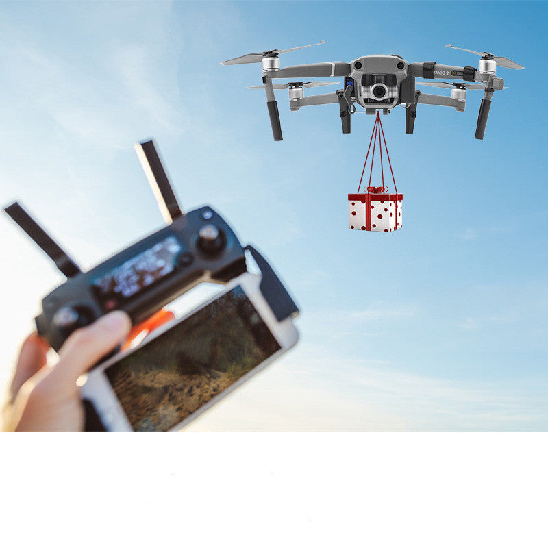 Grey ABS AirDrop thrower for DJI Mavic 2 drone showing installation accessories and mounting brackets. — view 4