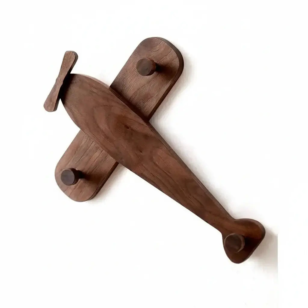 Airplane shaped wooden coat rack with heavy duty wall hooks in solid black walnut wood