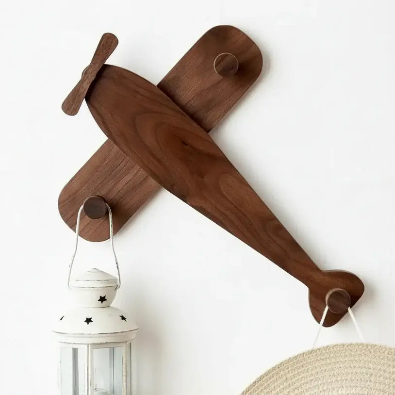 Airplane shaped wooden coat rack with heavy duty wall hooks in solid black walnut wood — view 2