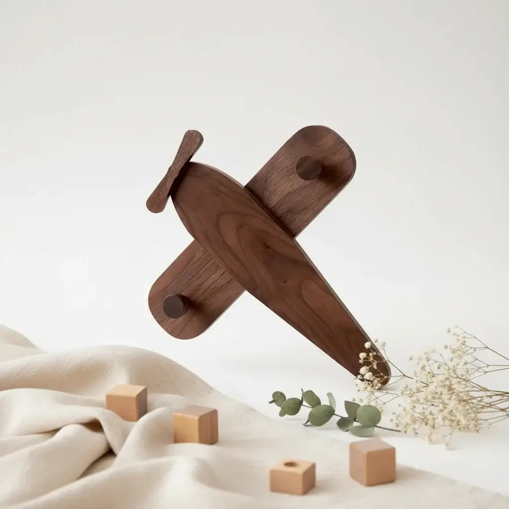 Airplane shaped wooden coat rack with heavy duty wall hooks in solid black walnut wood — view 4