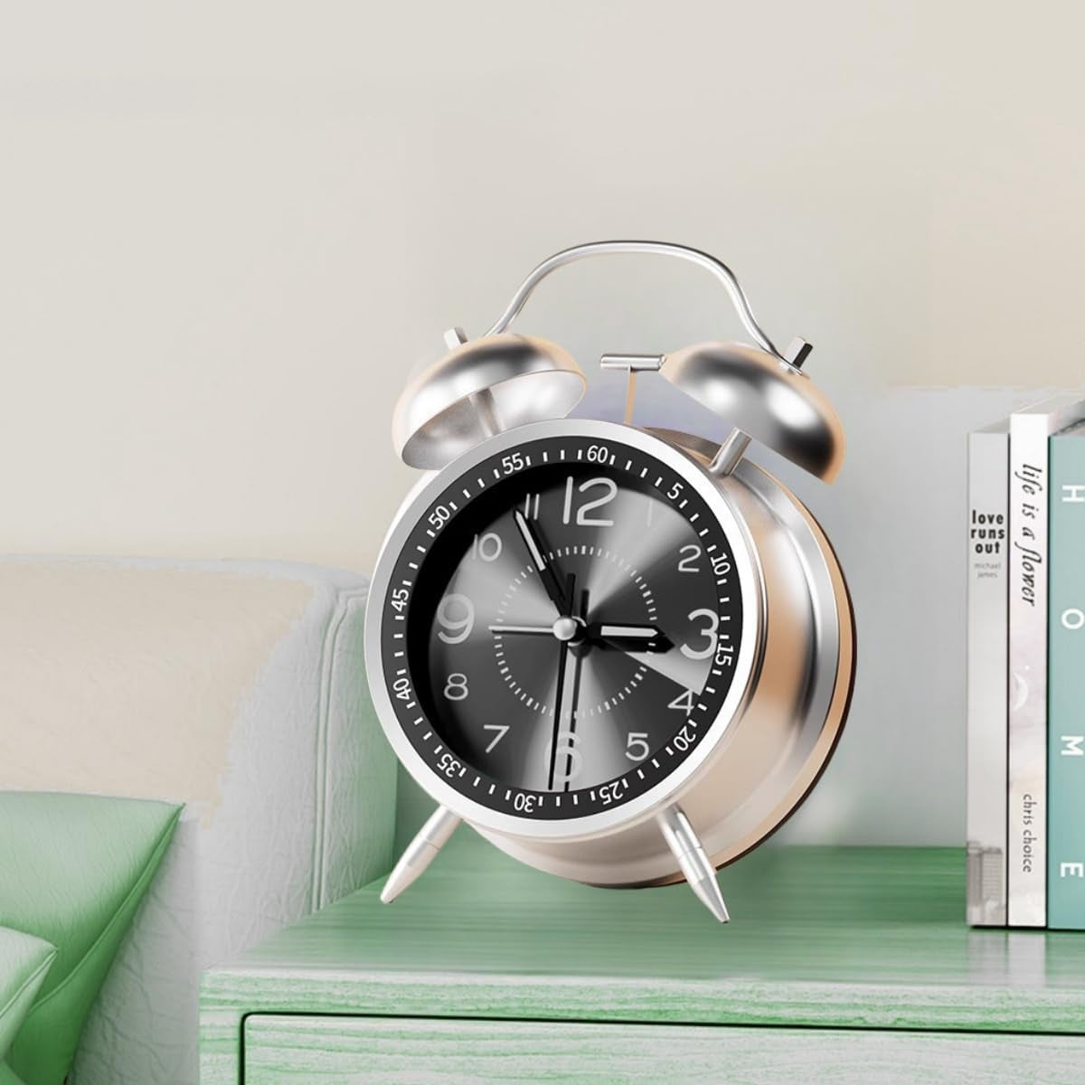 Vintage style metal bell alarm clock with clear analog display for bedside and desktop use — view 5