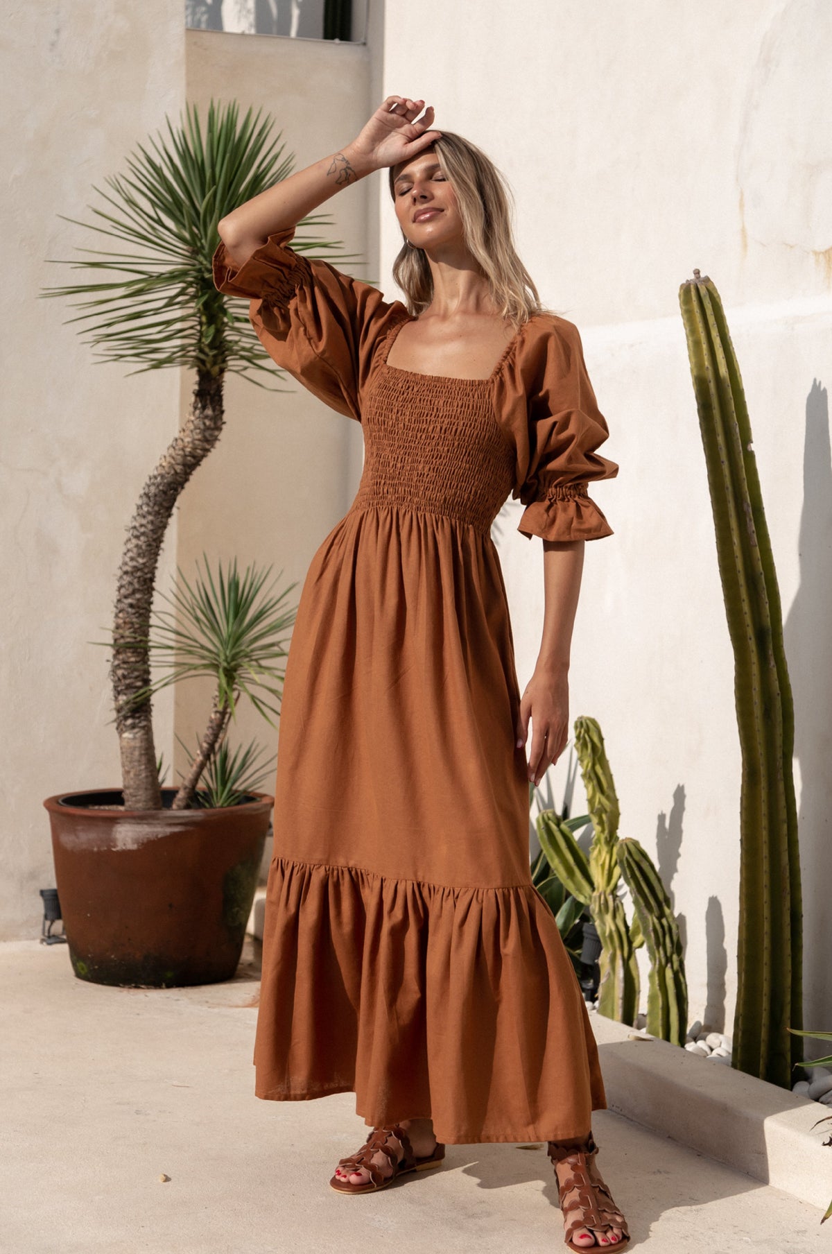 Almeria Smocked Midi Linen Dress-6