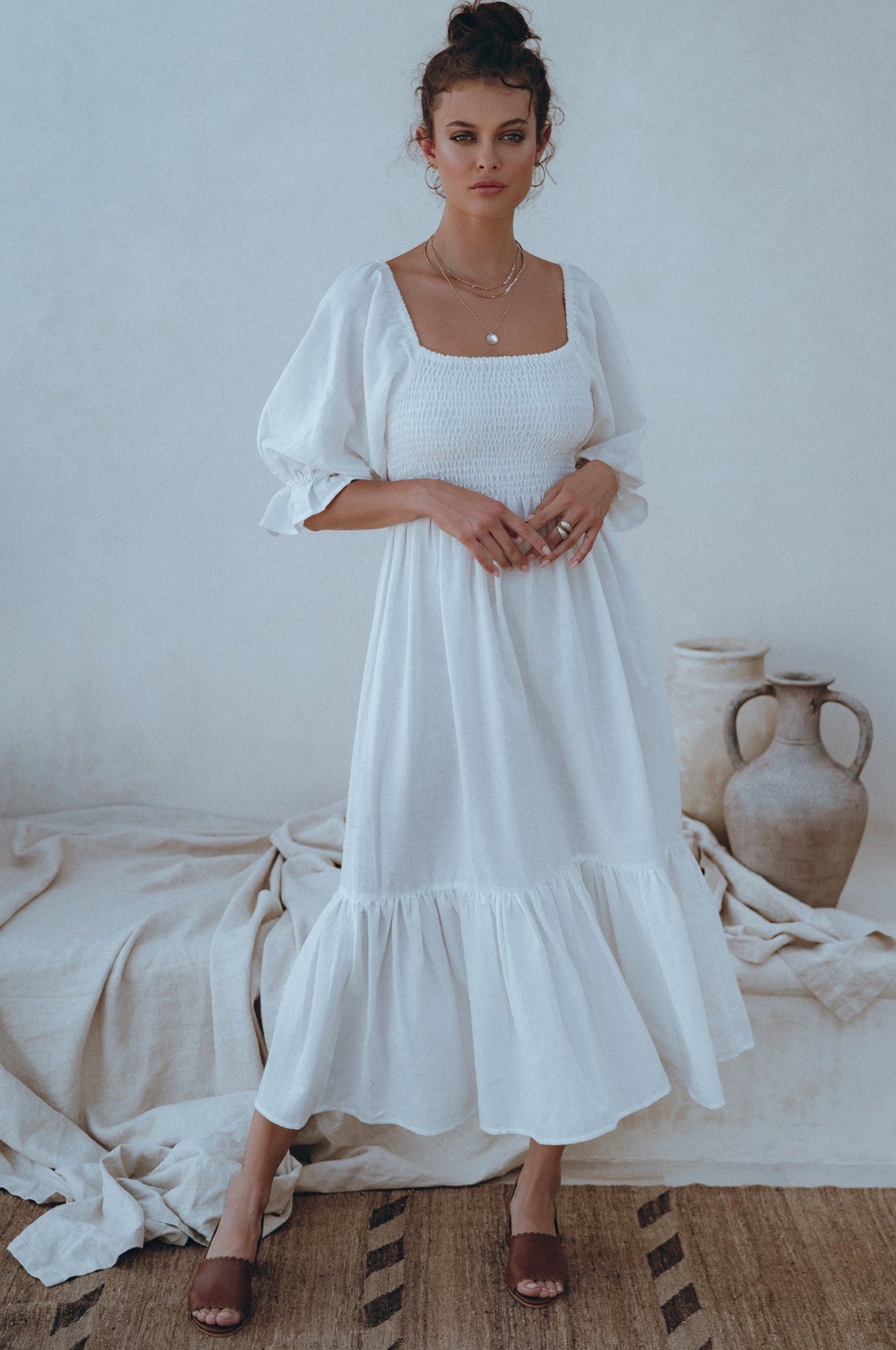 Almeria Smocked Midi Linen Dress-3