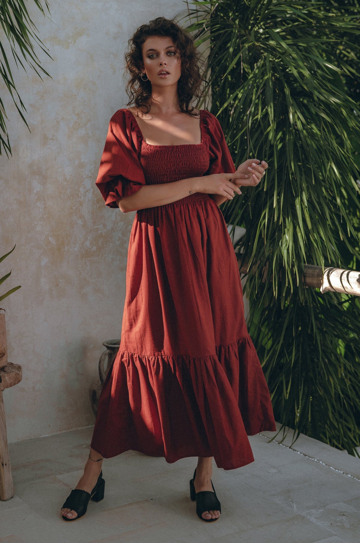 Almeria Smocked Midi Linen Dress-0
