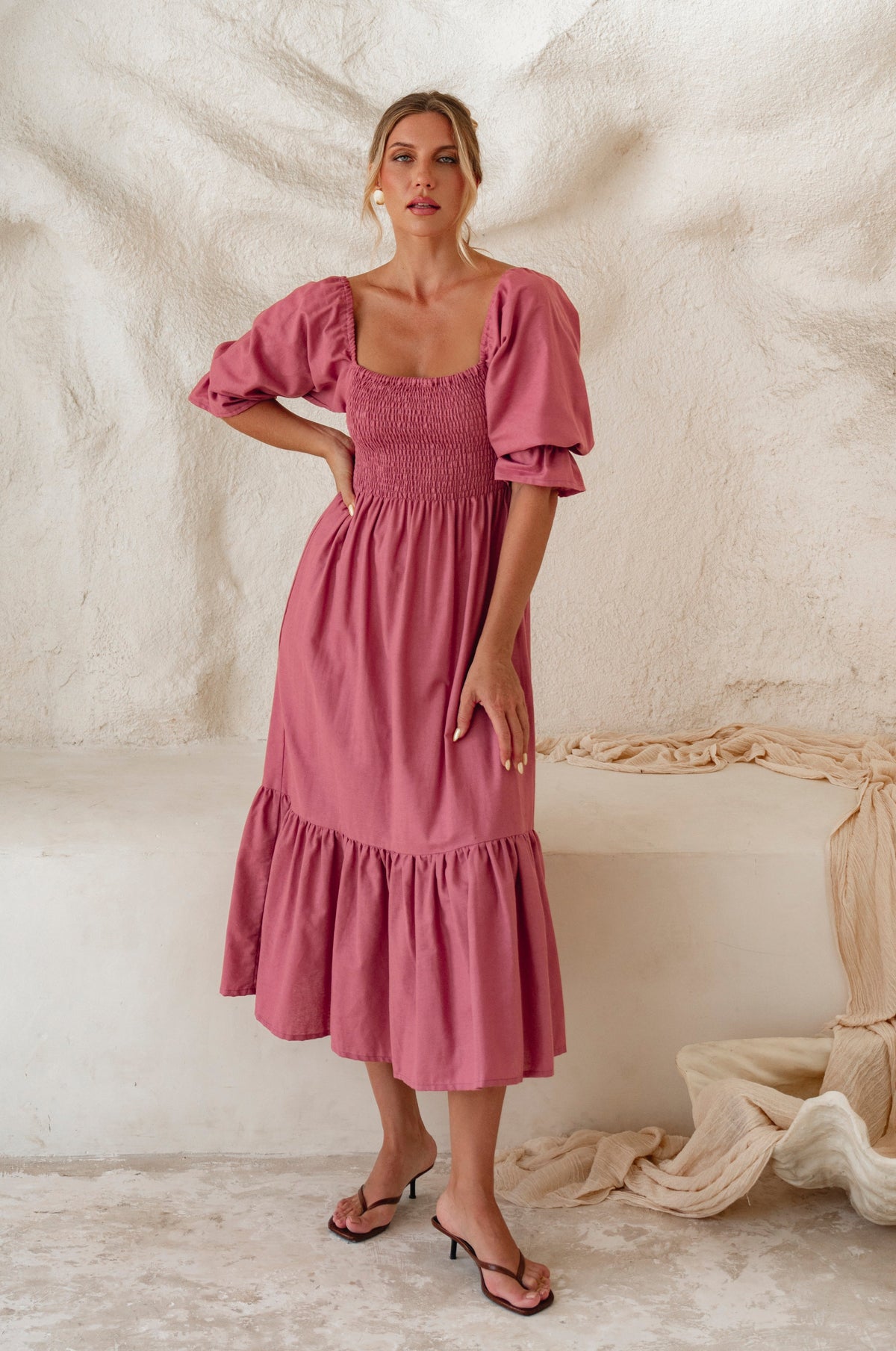 Almeria Smocked Midi Linen Dress-7