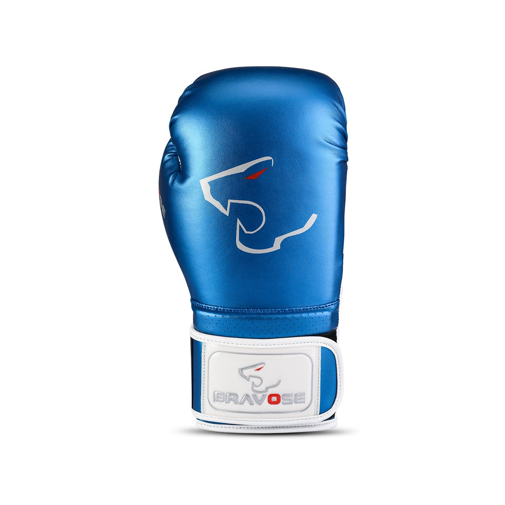 Bravose Alpha metallic blue boxing gloves with velcro strap and synthetic leather finish — view 2
