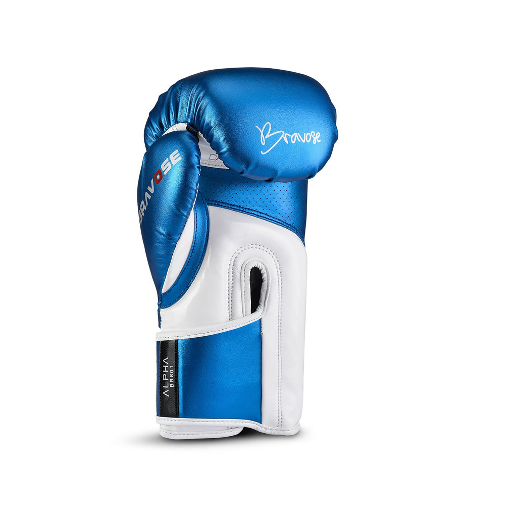 Bravose Alpha metallic blue boxing gloves with velcro strap and synthetic leather finish — view 4