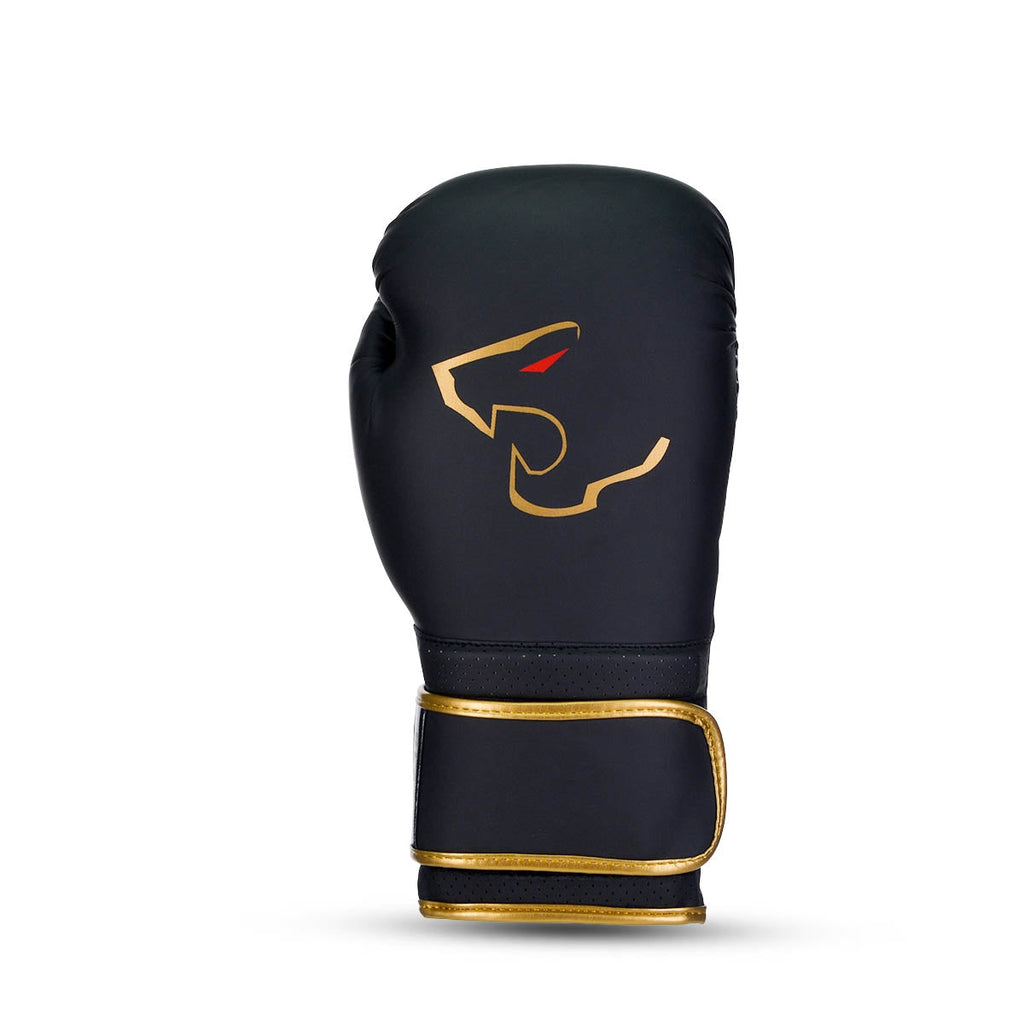 Alpha Black Edition boxing gloves in matte black PU leather with hook and loop strap — view 2