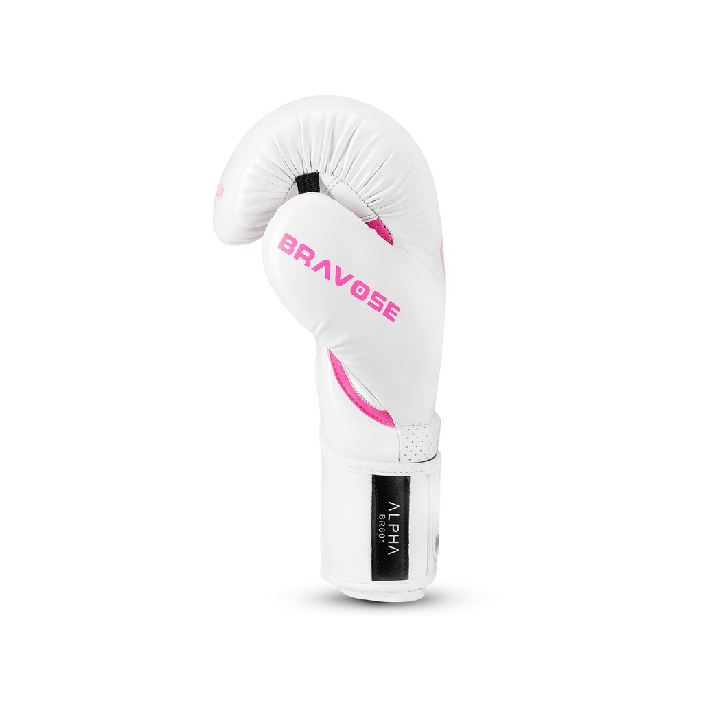 Alpha white pink boxing gloves in PU synthetic leather with Velcro strap for sparring and training — view 4