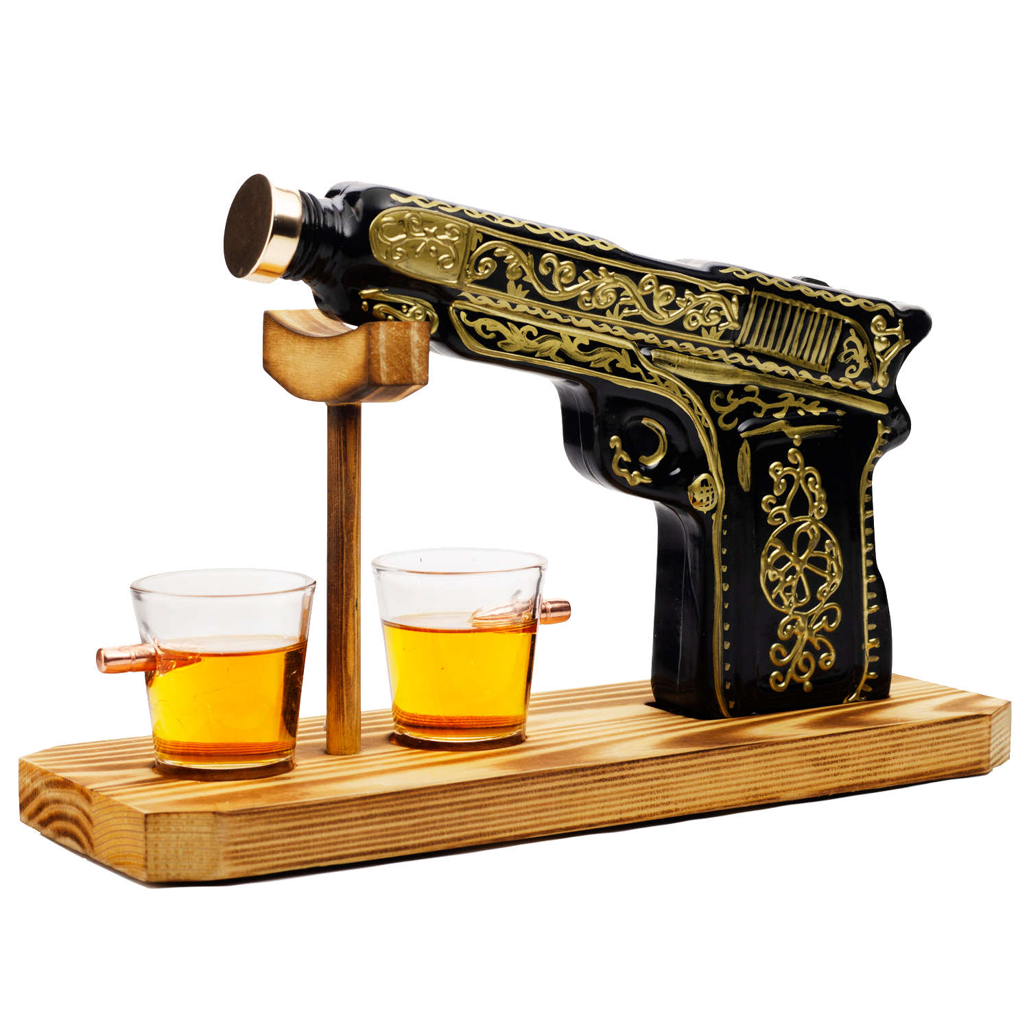 Black and gold hand-painted pistol whiskey decanter with two shot glasses on wooden display stand