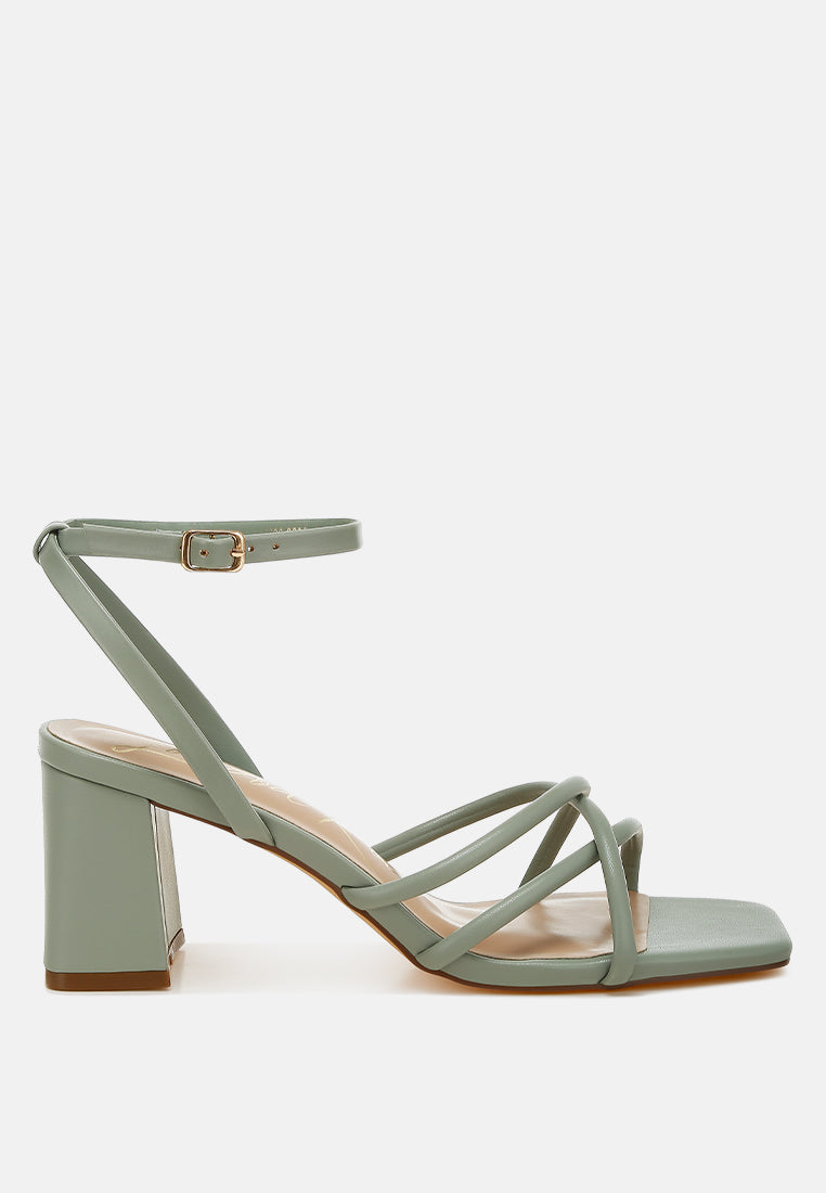 Alyona faux leather low block heel strappy sandals with open square toe and ankle strap