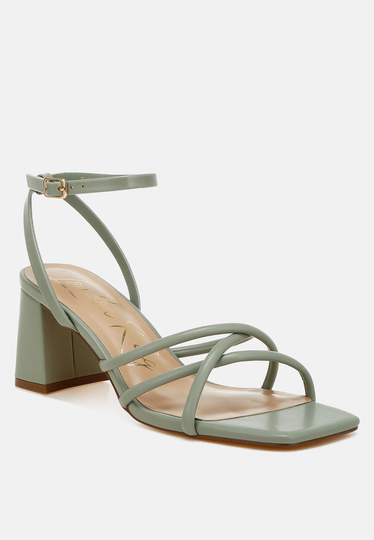 Alyona faux leather low block heel strappy sandals with open square toe and ankle strap — view 2