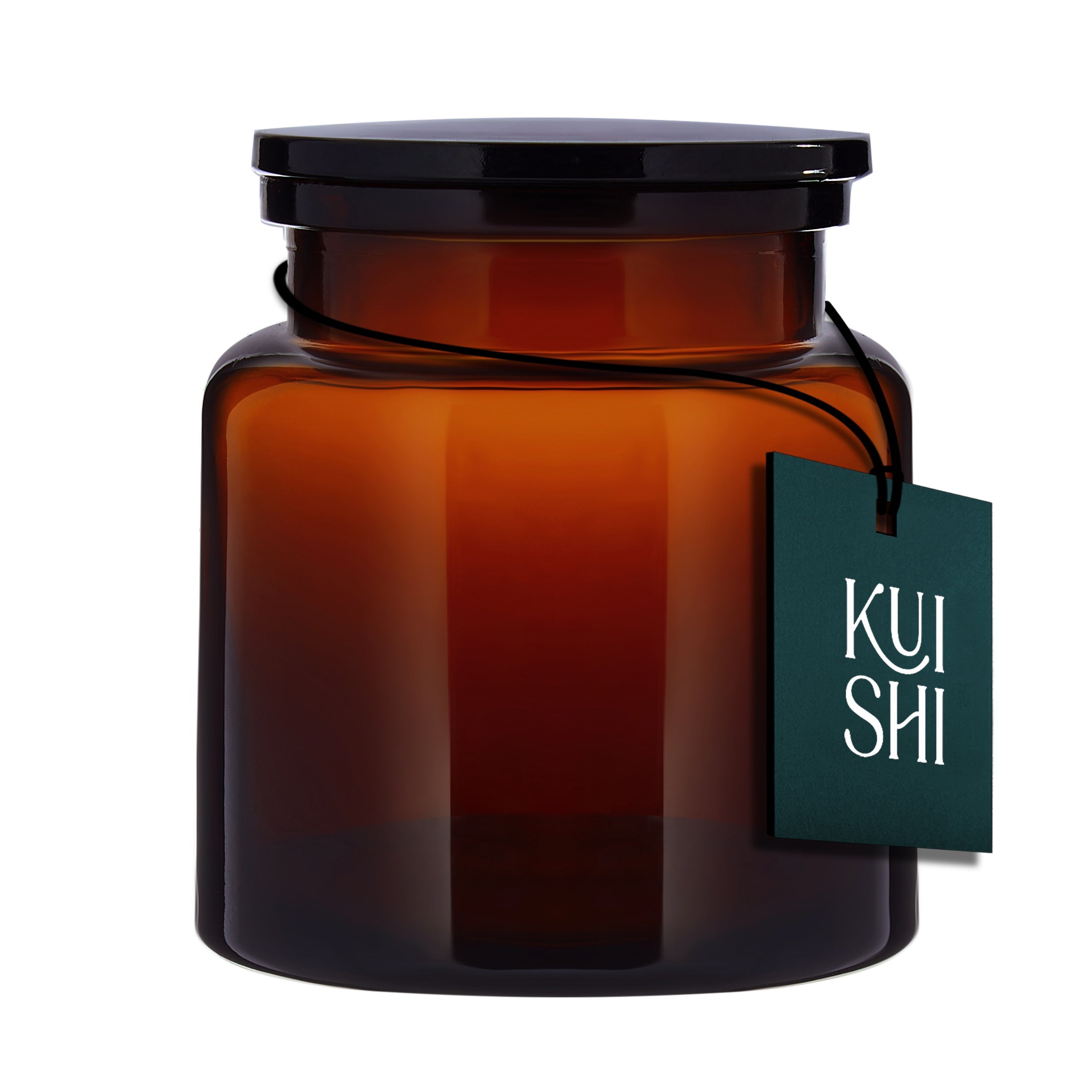 Amber glass apothecary storage jars with wide mouth for organizing bathroom essentials on a vanity