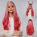 Long curly synthetic wig with straight bangs in black to strawberry pink ombre gradient