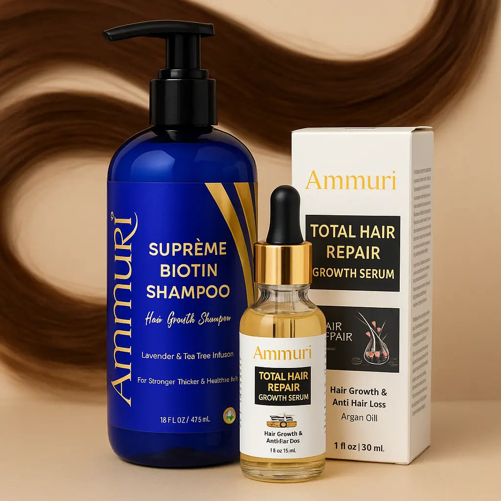 Ammuri Biotin Haircare Set with anti-hair loss shampoo and strengthening serum bottles