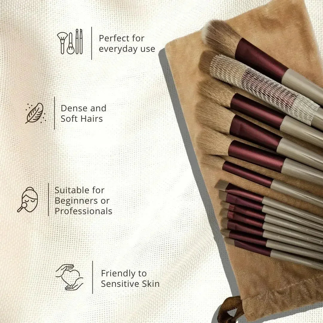 13-piece professional vegan makeup brush set with burgundy handles and stylish travel pouch. — view 2