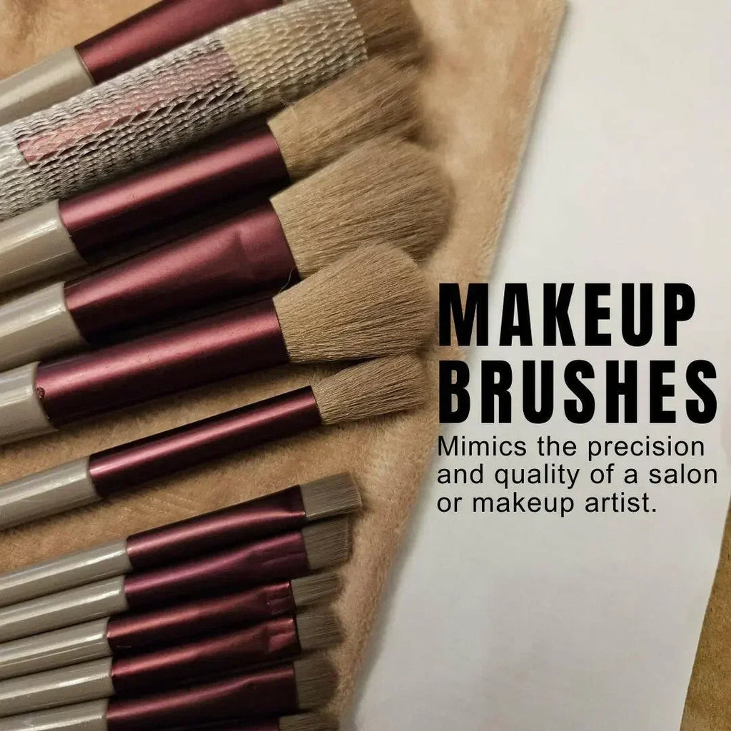 13-piece professional vegan makeup brush set with burgundy handles and stylish travel pouch. — view 4