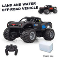 Amphibious 4WD stunt RC car in action, showing durable tires and waterproof outdoor design capabilities