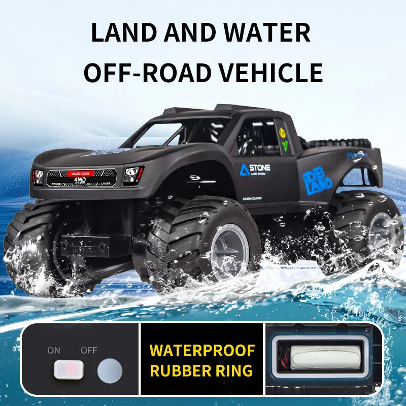 Amphibious 4WD stunt RC car in action, showing durable tires and waterproof outdoor design capabilities — view 3