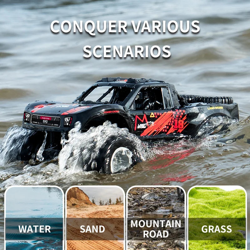 Amphibious 4WD stunt RC car in action, showing durable tires and waterproof outdoor design capabilities — view 5