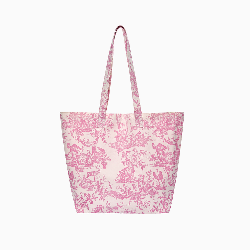 French Toile de Jouy premium cotton tote bag with pastoral motif and front pocket — view 4