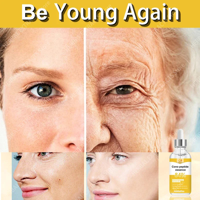 Anti-aging face serum set in glass dropper bottle, clear firming liquid for wrinkle removal.