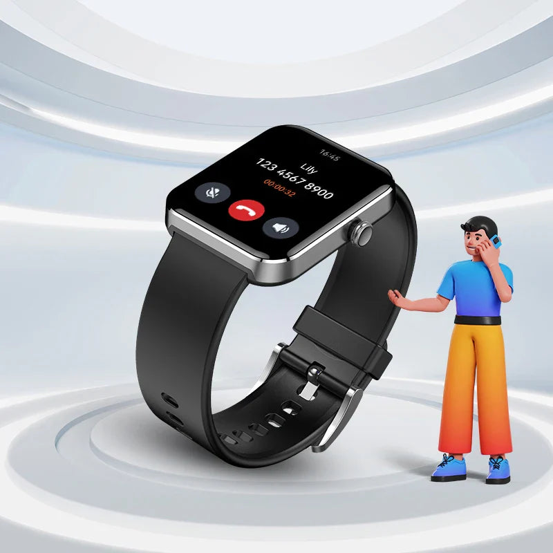 Black waterproof fitness tracker smartwatch displaying a custom high-resolution digital watch face — view 2