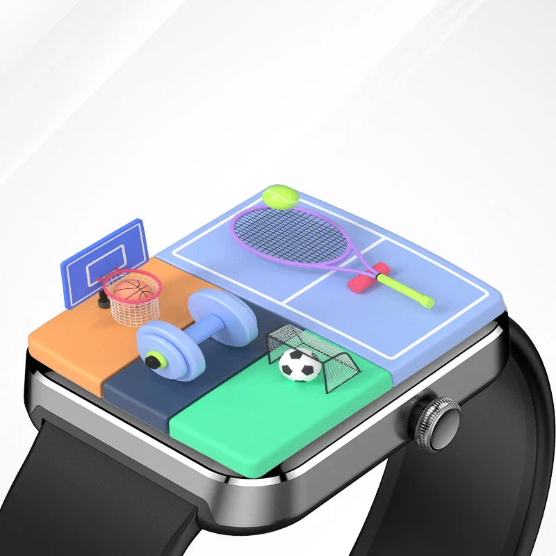 Black waterproof fitness tracker smartwatch displaying a custom high-resolution digital watch face — view 3