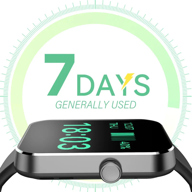 Black waterproof fitness tracker smartwatch displaying a custom high-resolution digital watch face — view 4