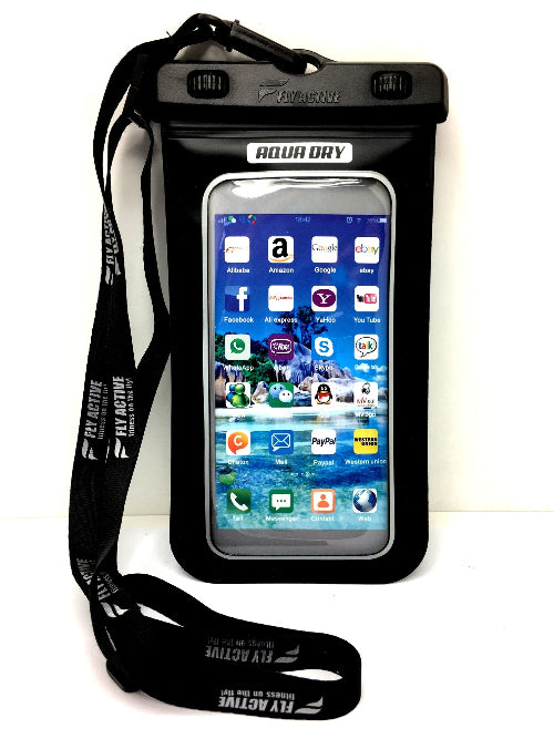 Aqua dry waterproof phone case in transparent material with secure seal and black lanyard strap