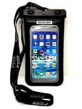 Aqua dry waterproof phone case in transparent material with secure seal and black lanyard strap