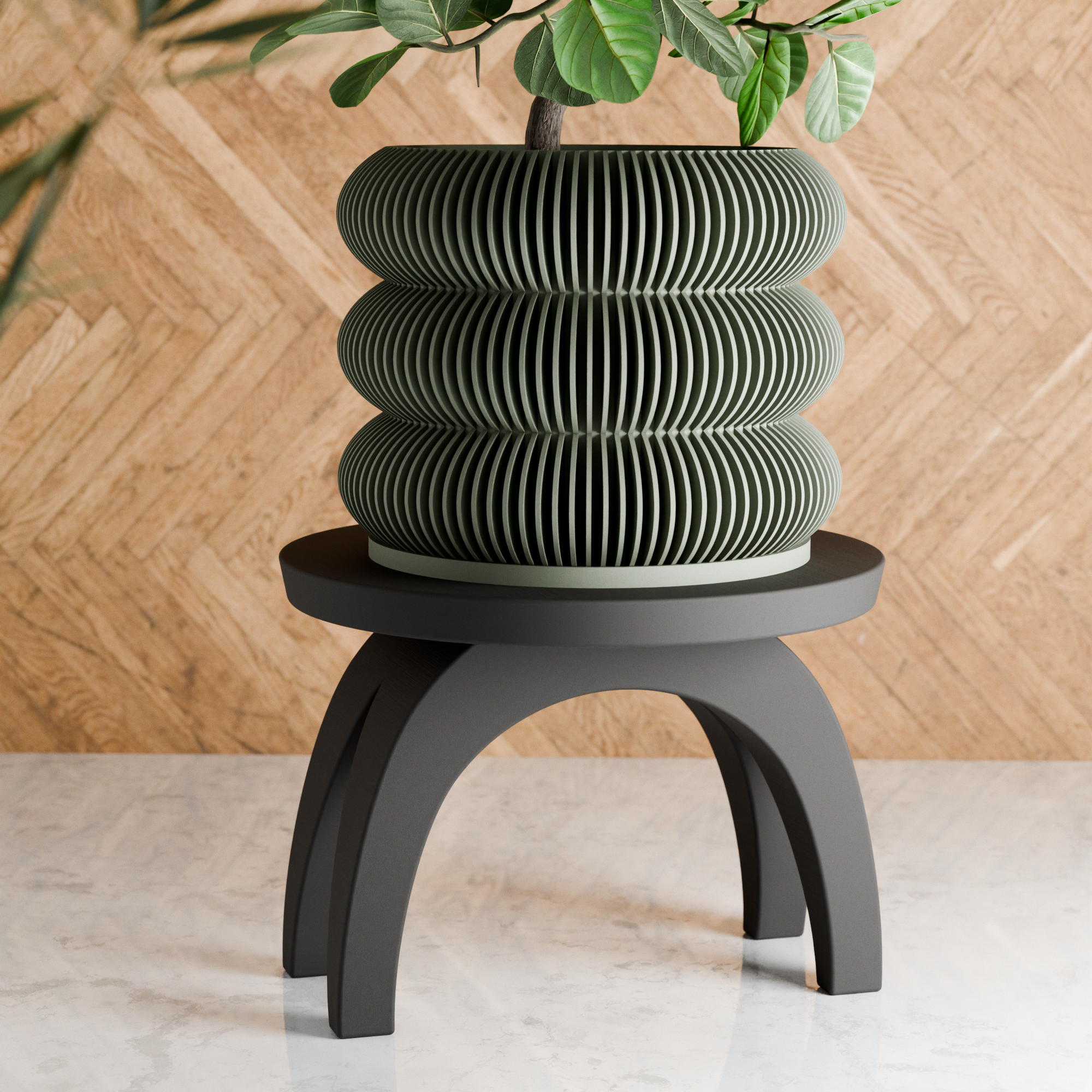 Modern ARC plant stand featuring a sleek curved design supporting an indoor potted houseplant — view 4